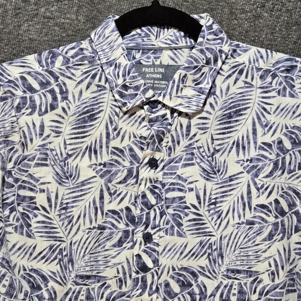 Free Line Athens Button Down Shirt White Blue Tropical 100% Linen Regular Fit‎ M